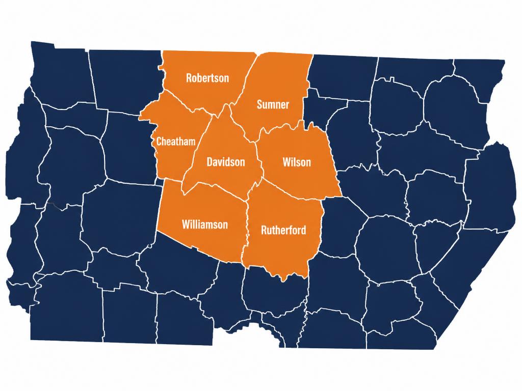 Map of Middle Tennessee showing the seven counties served in person: Davidson, Williamson, Rutherford, Wilson, Sumner, Robertson and Cheatham